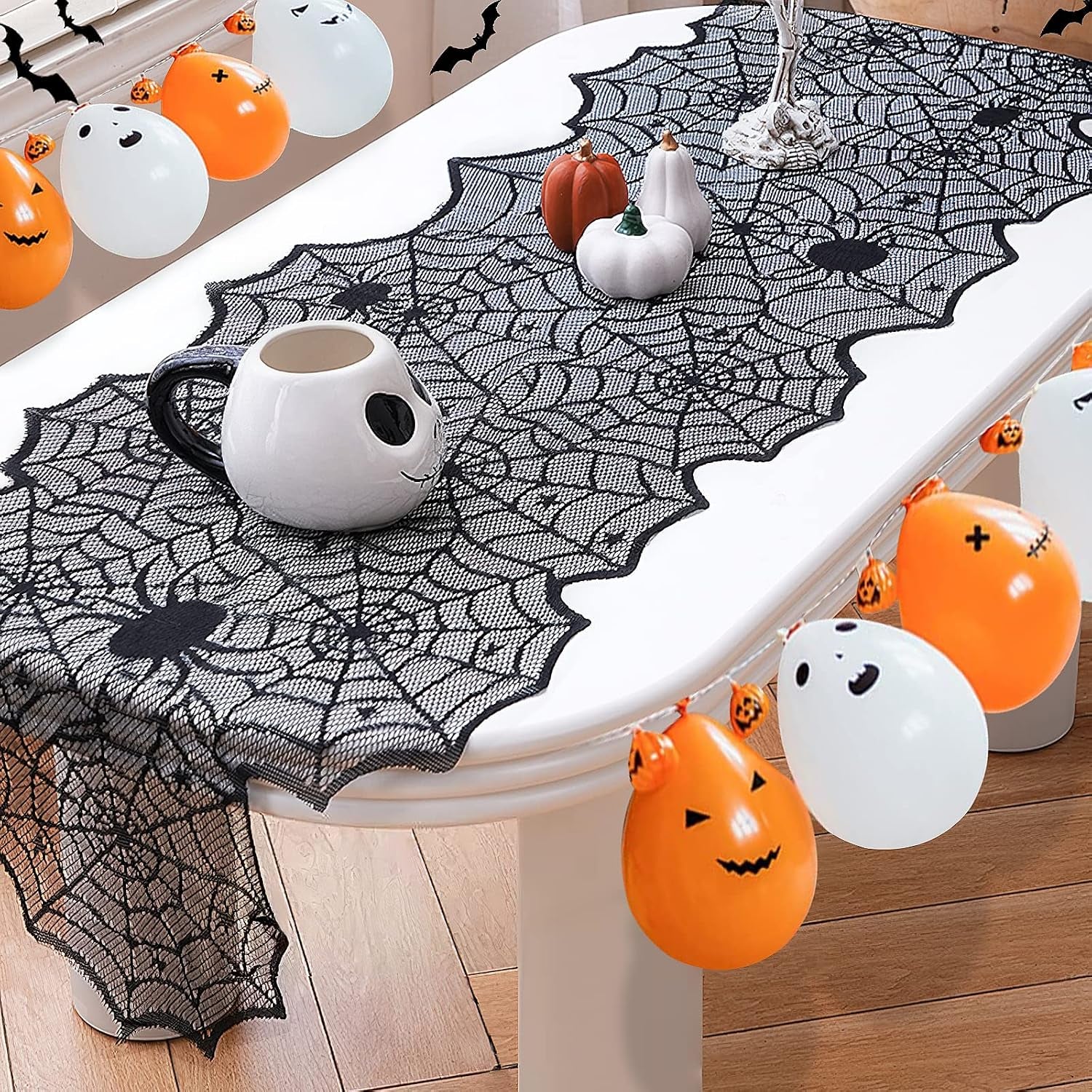 Halloween Table Runner — Black Lace Spider Web 18X72 Spooky Table Decor