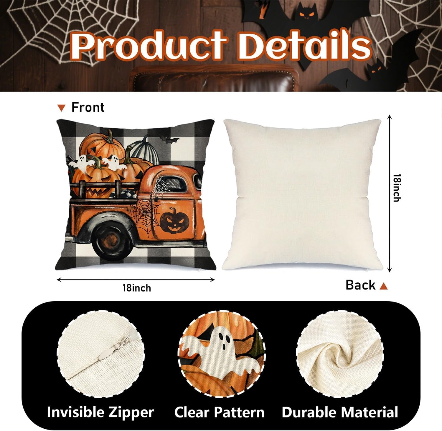 Halloween Throw Pillow Covers 18X18 — Set of 4 Spooky Fall Decorations for Couch & Sofa