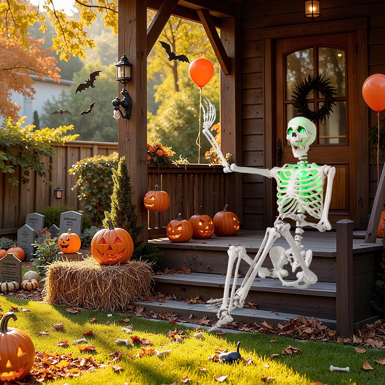 Poseable 5.2Ft Life-Size Halloween Skeleton — Pumpkin Head Yard & Porch Prop