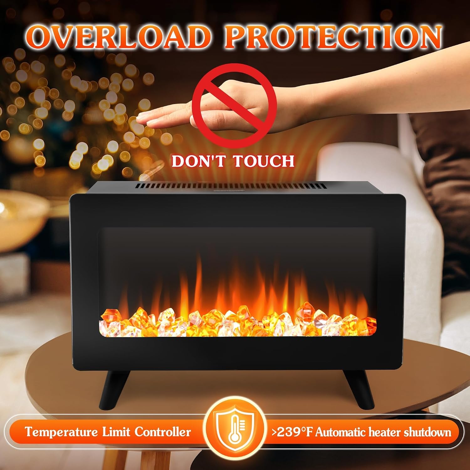 Freestanding Electric Fireplace Heater — Realistic 3D Flames, Infrared Space Heater