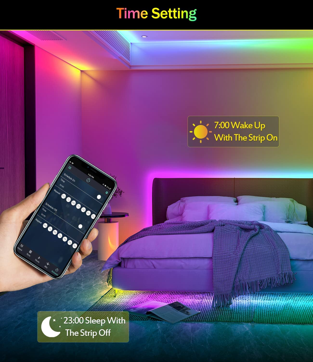 Lumaflow 33Ft RGB LED Strip Lights — App & Music Sync, Color-Changing with Remote