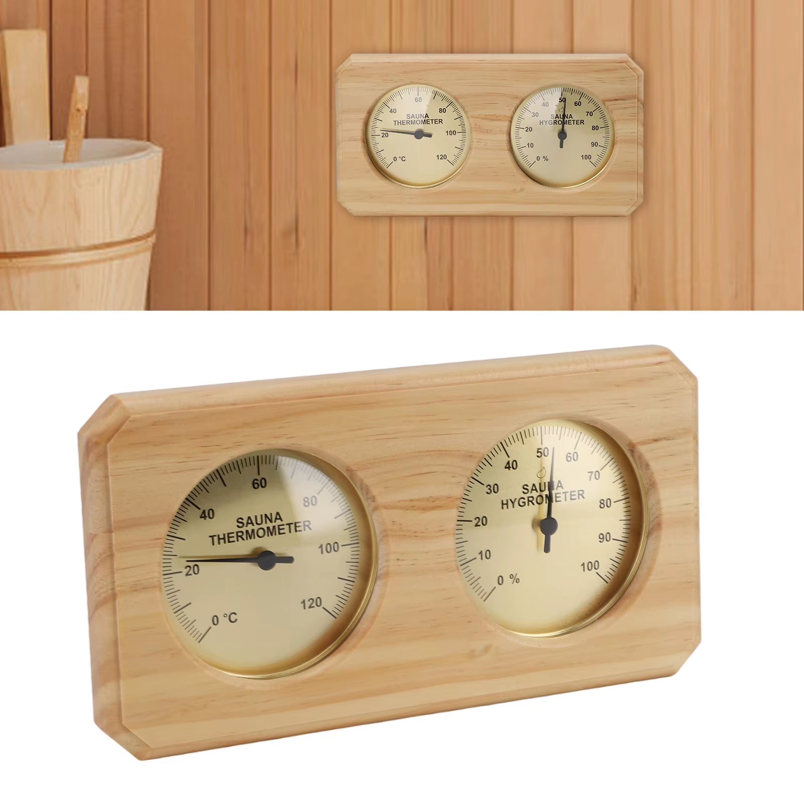 Wall-Mounted Wooden Sauna Thermometer & Hygrometer 2-In-1