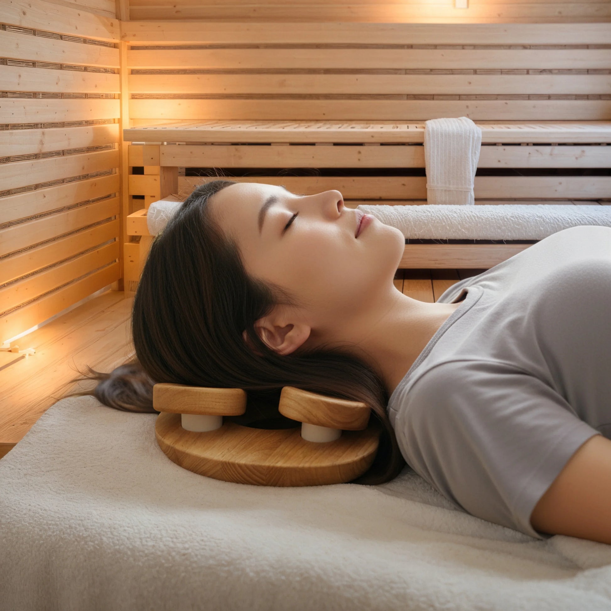 Wooden Sauna Headrest with Rotating Adjustable Disc