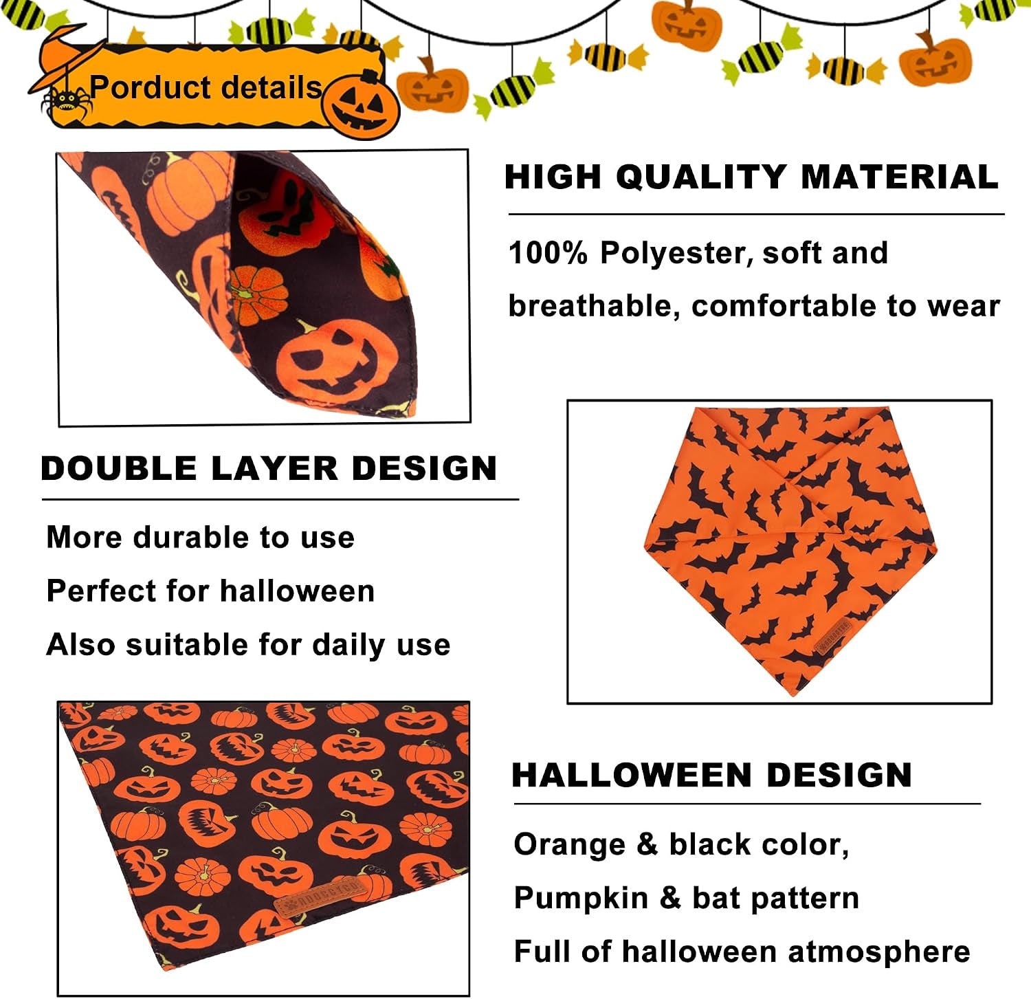 Halloween Dog Bandana, Pumpkin Bat Pet Scarf, Premium Durable Fabric, Orange Black Halloween Bandanas for Medium Large Dogs Pets (Large)
