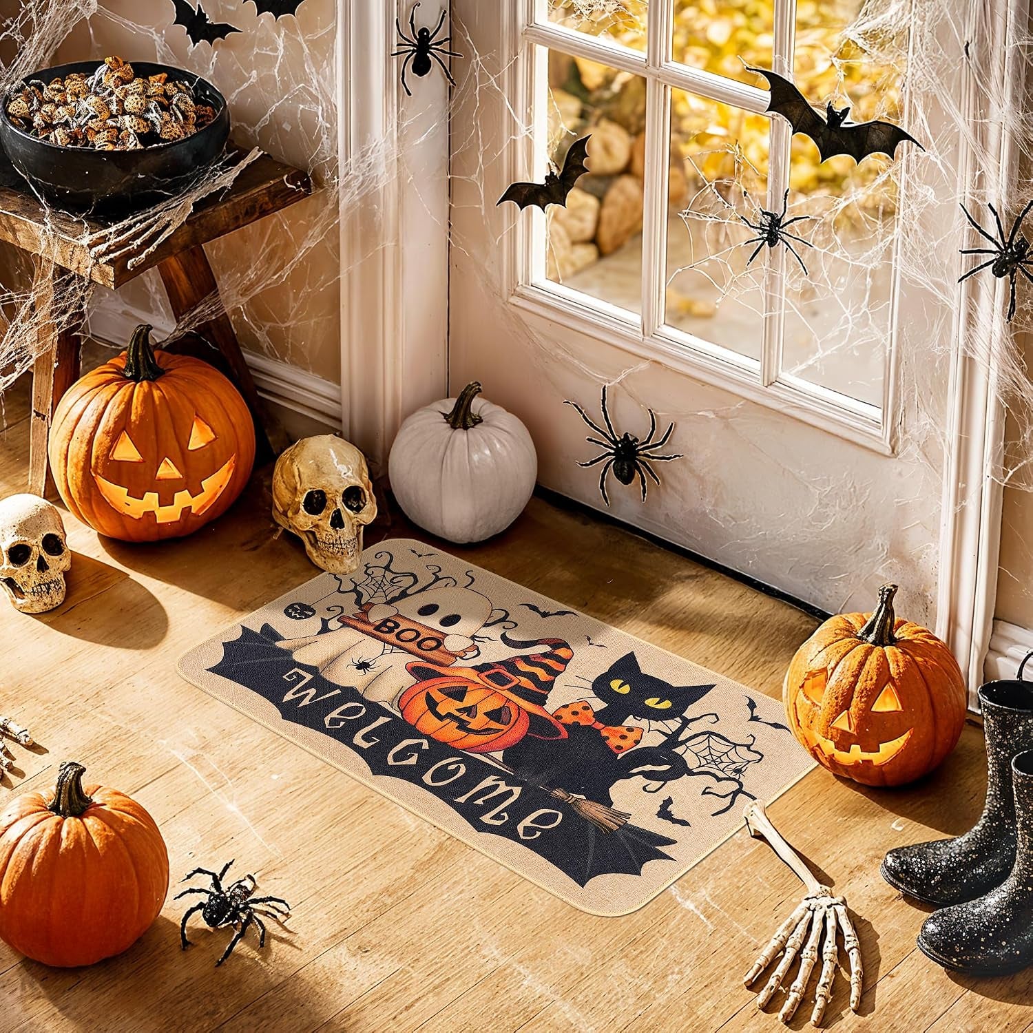 Halloween Doormat — Cute Ghost & Pumpkin Welcome Mat for Front Door Fall Decor