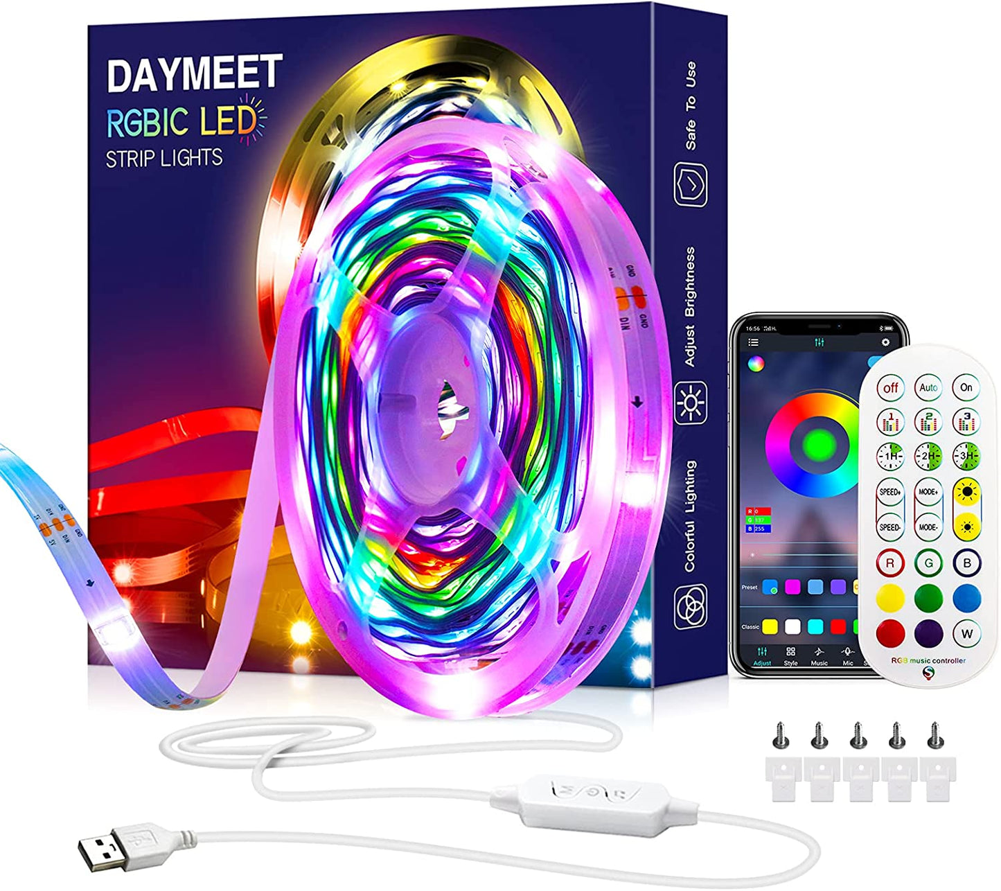 Lumaflow 33Ft RGB LED Strip Lights — App & Music Sync, Color-Changing with Remote