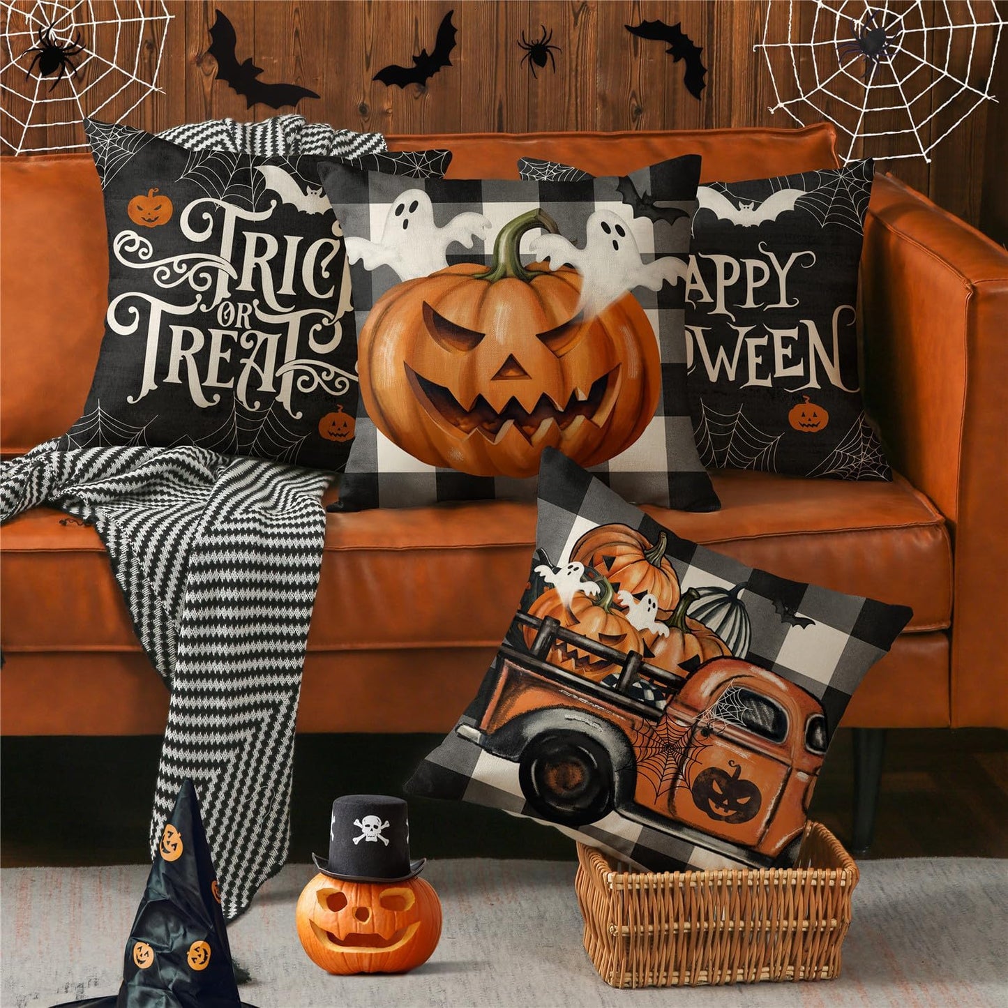 Halloween Throw Pillow Covers 18X18 — Set of 4 Spooky Fall Decorations for Couch & Sofa