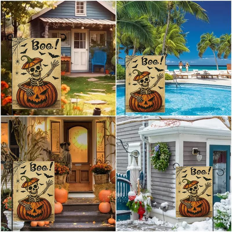 Boo Skeleton Pumpkin Garden Flag — Double-Sided Halloween Yard Décor 12X18