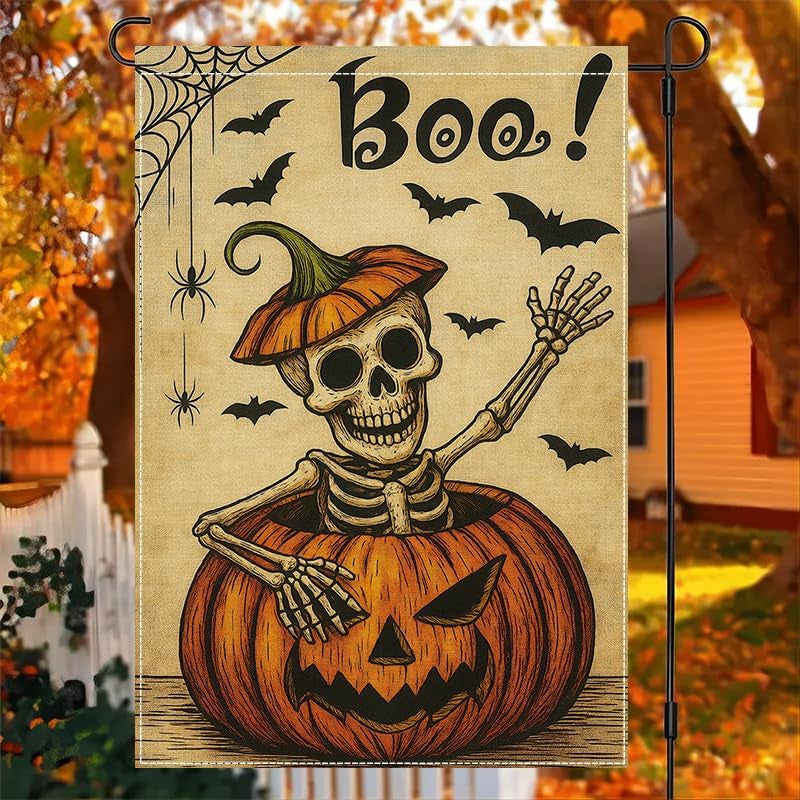 Boo Skeleton Pumpkin Garden Flag — Double-Sided Halloween Yard Décor 12X18