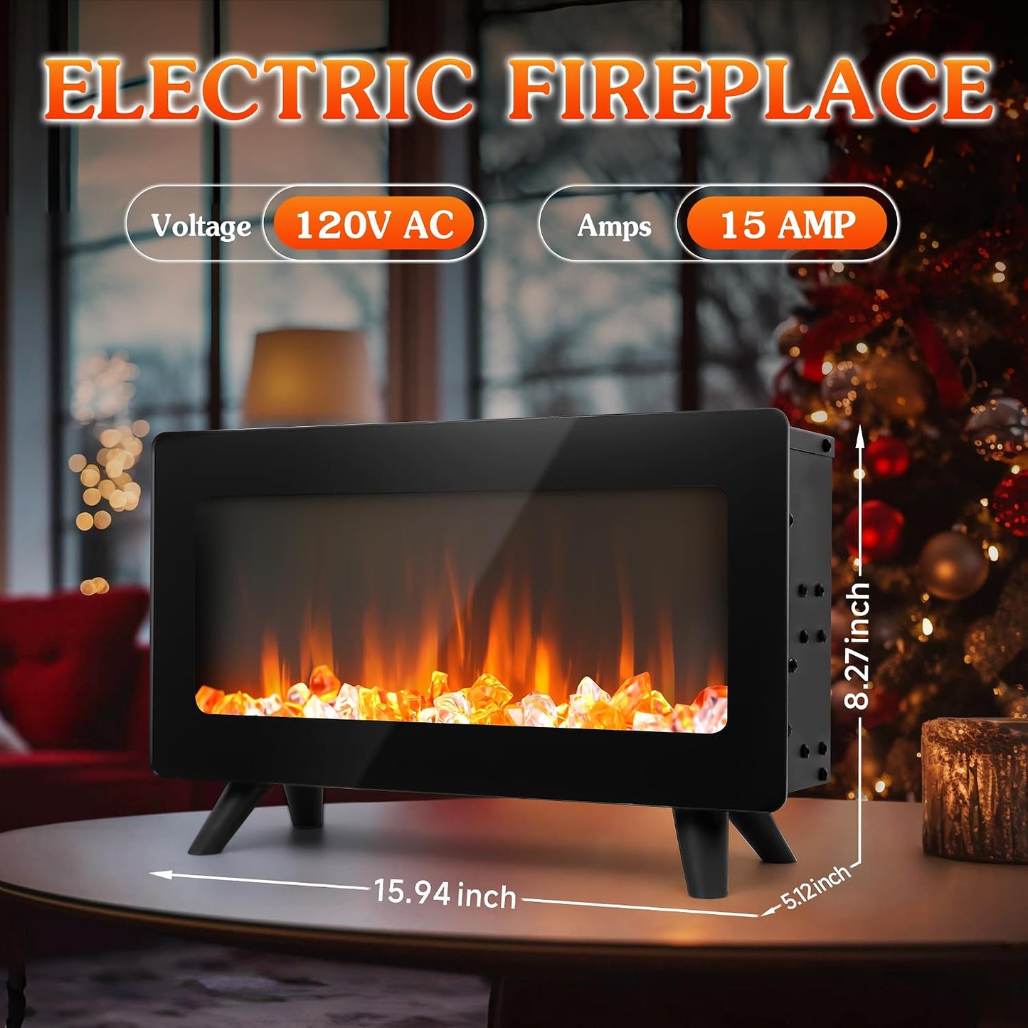 Freestanding Electric Fireplace Heater — Realistic 3D Flames, Infrared Space Heater