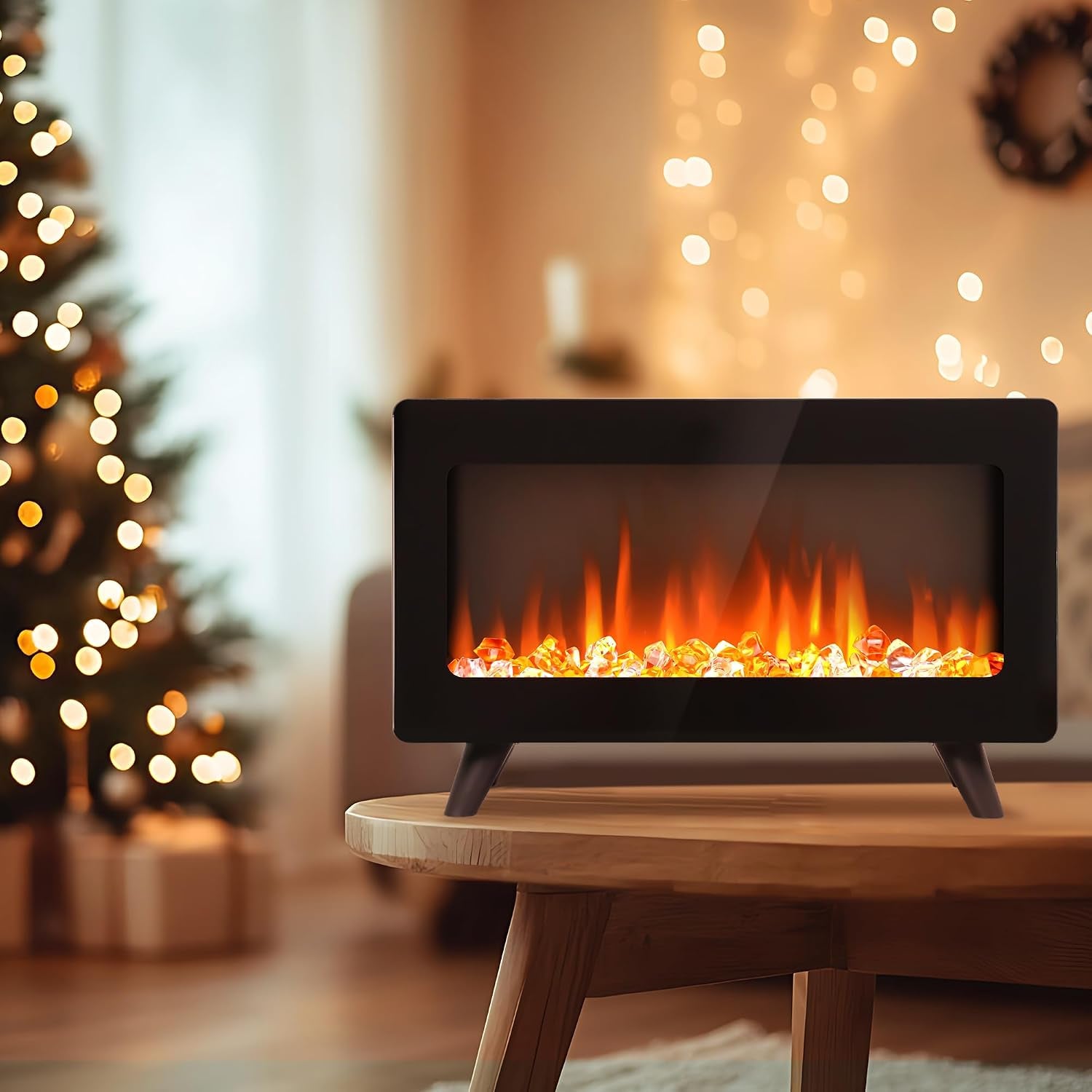 Freestanding Electric Fireplace Heater — Realistic 3D Flames, Infrared Space Heater