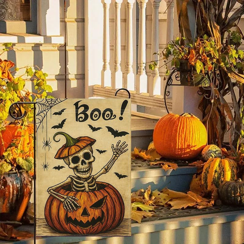 Boo Skeleton Pumpkin Garden Flag — Double-Sided Halloween Yard Décor 12X18