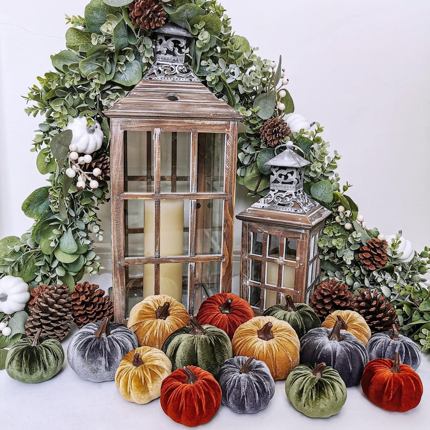 Faux Velvet Pumpkins — Set of 16 Fall Thanksgiving Table Centerpiece Decor