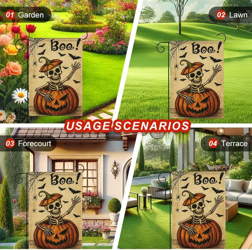 Boo Skeleton Pumpkin Garden Flag — Double-Sided Halloween Yard Décor 12X18