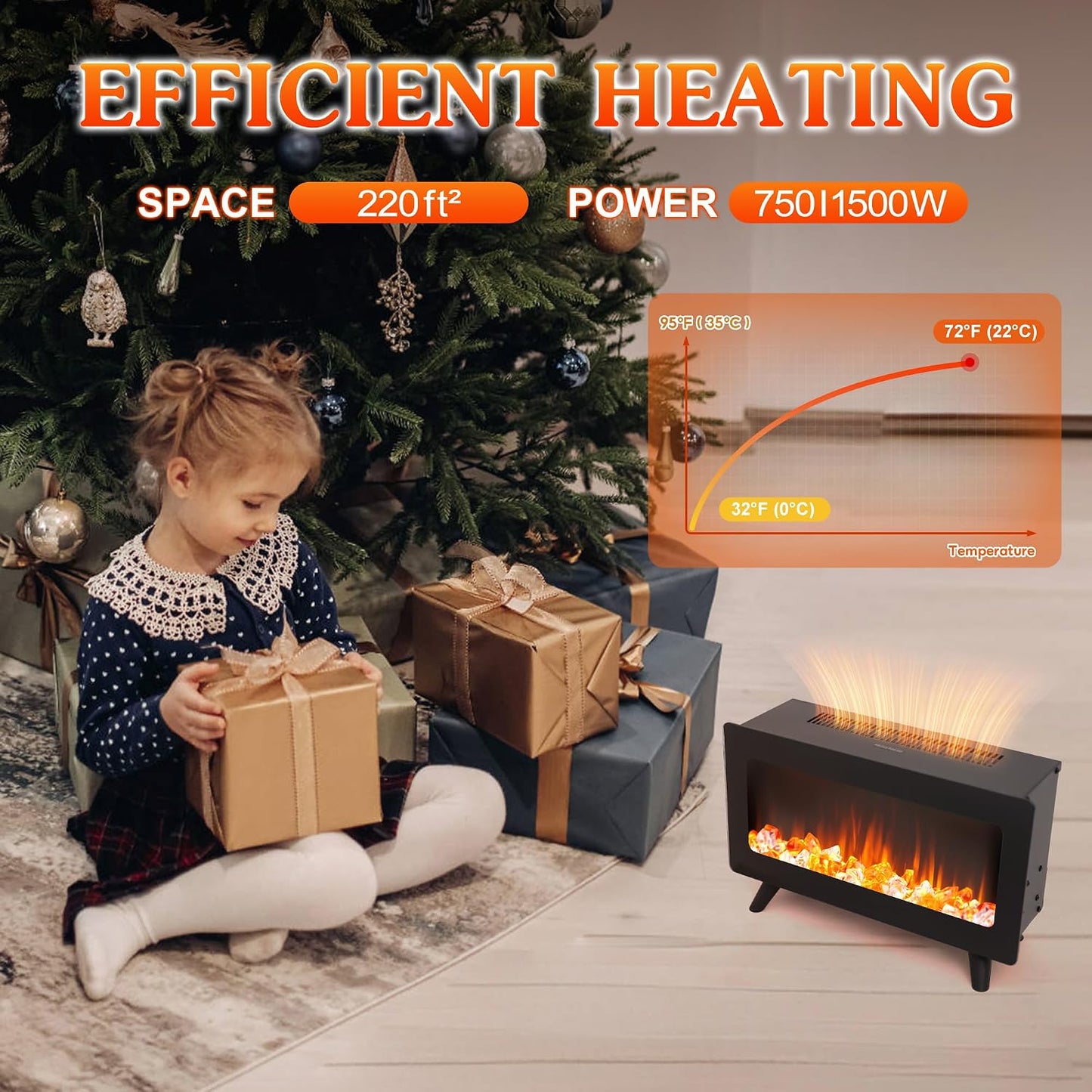 Freestanding Electric Fireplace Heater — Realistic 3D Flames, Infrared Space Heater