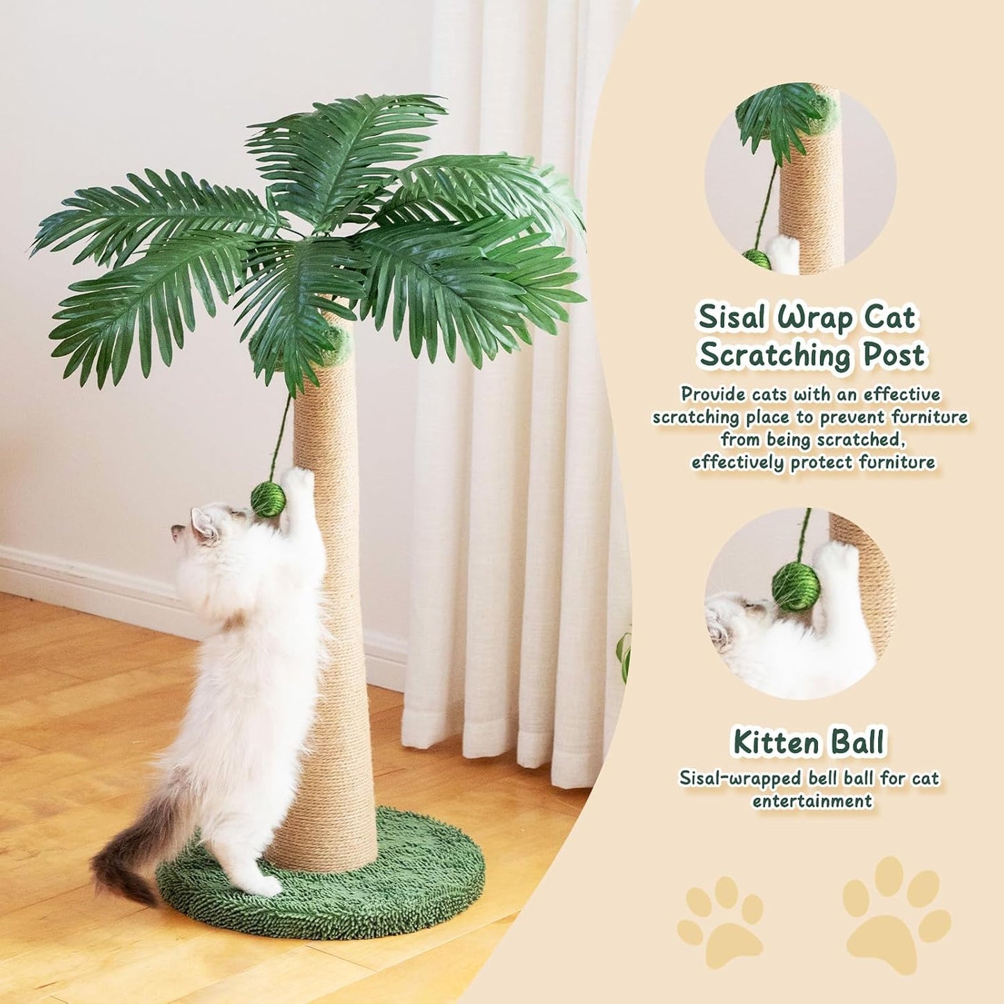 43 Inch Cat Scratching Post, with Hanging Ball for Indoor Cats Large Cat Scratching Post Sisal Cat Scratcher, New Round