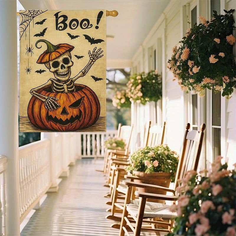 Boo Skeleton Pumpkin Garden Flag — Double-Sided Halloween Yard Décor 12X18