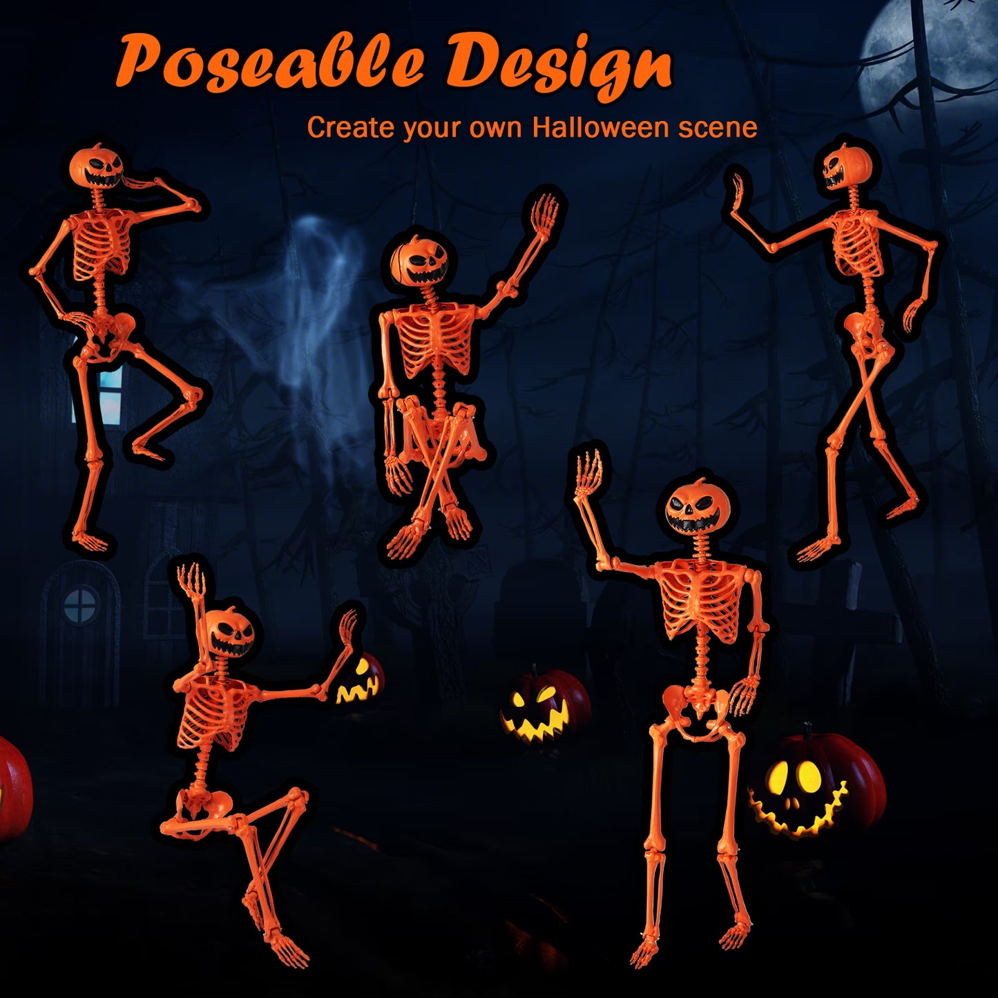 Poseable 5.2Ft Life-Size Halloween Skeleton — Pumpkin Head Yard & Porch Prop