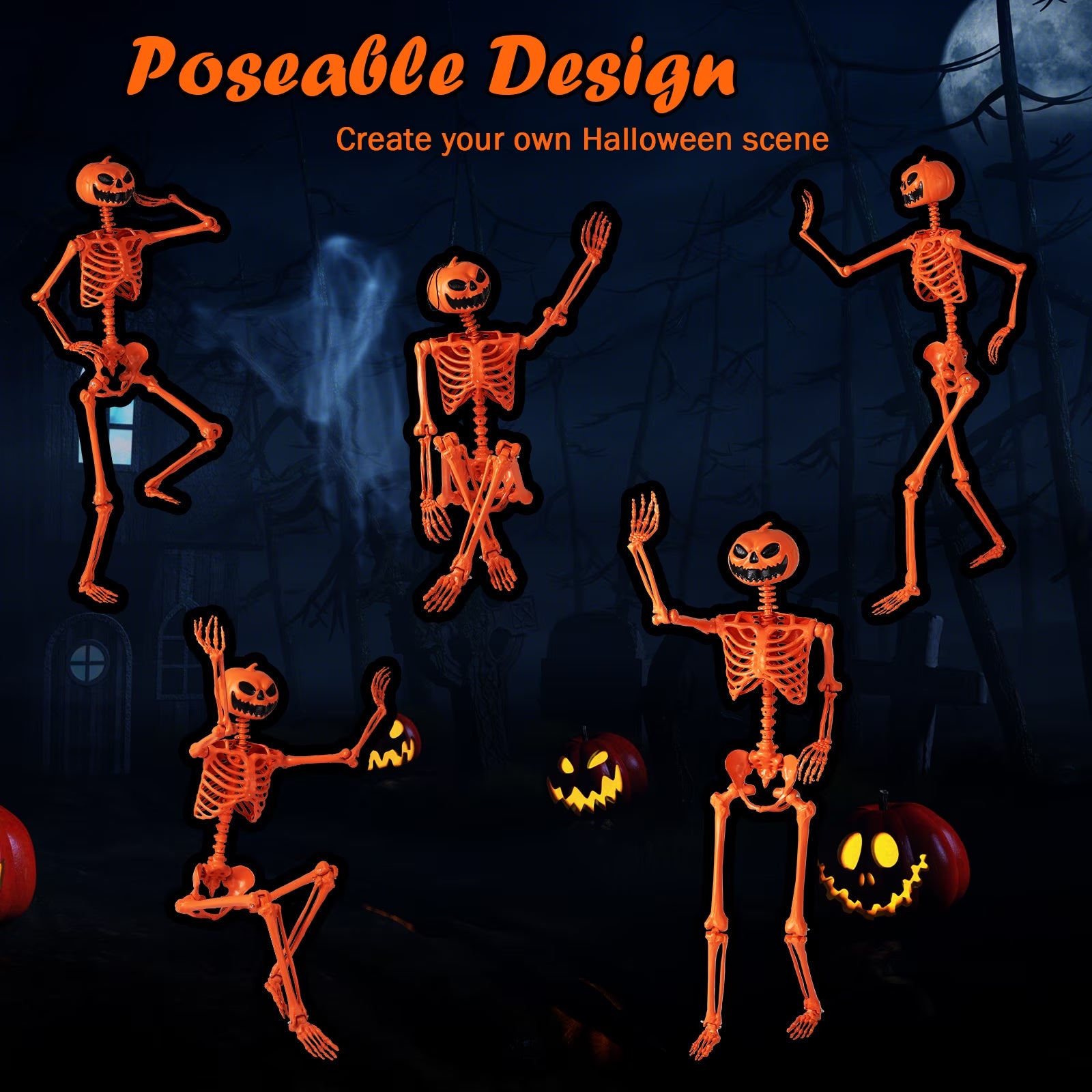 Poseable 5.2Ft Life-Size Halloween Skeleton — Pumpkin Head Yard & Porch Prop