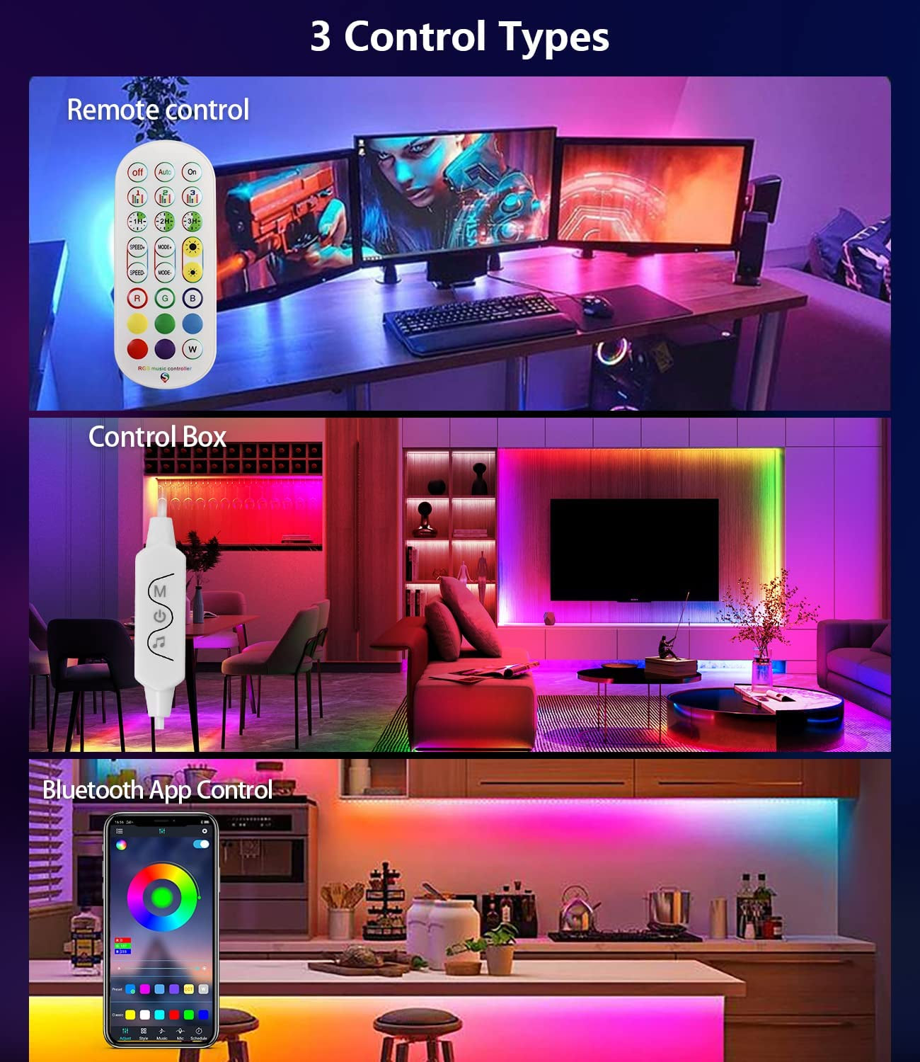 Lumaflow 33Ft RGB LED Strip Lights — App & Music Sync, Color-Changing with Remote