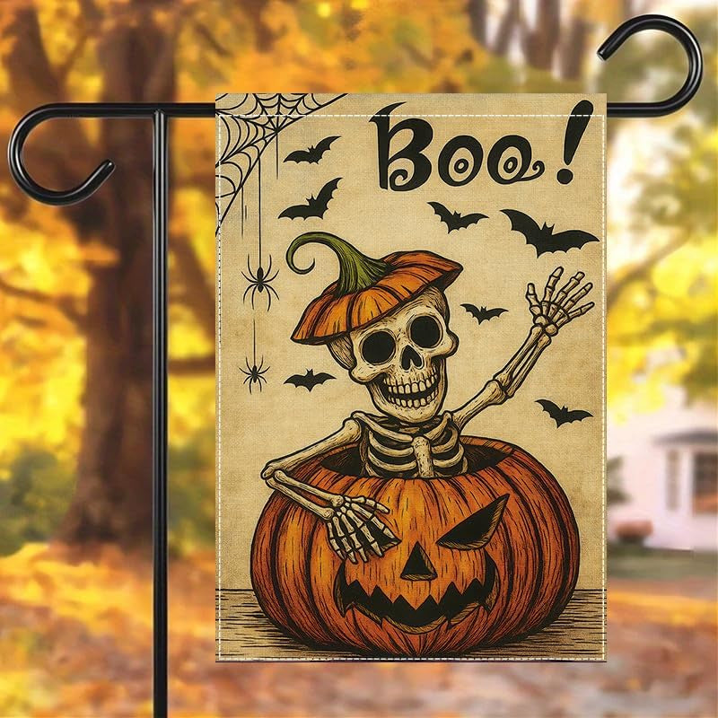 Boo Skeleton Pumpkin Garden Flag — Double-Sided Halloween Yard Décor 12X18