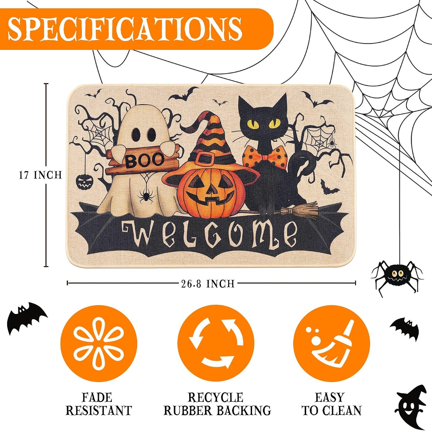 Halloween Doormat — Cute Ghost & Pumpkin Welcome Mat for Front Door Fall Decor
