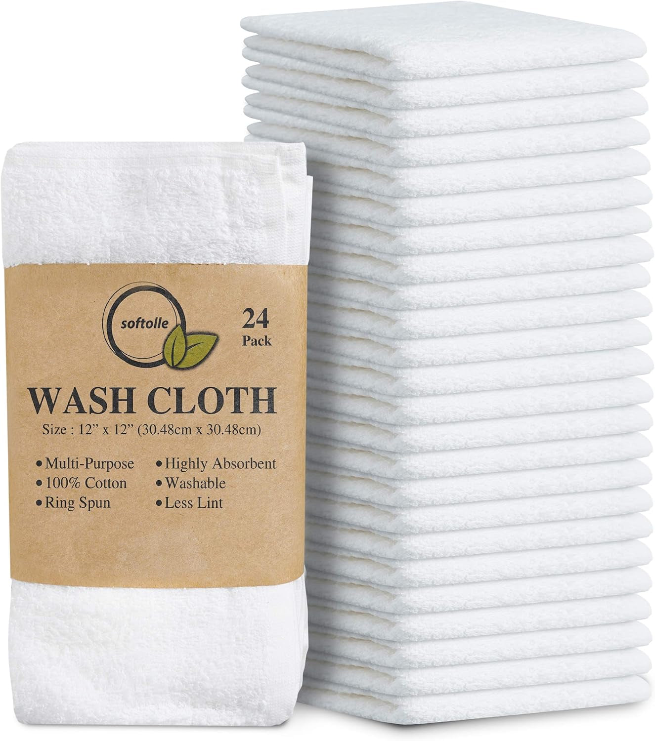 100% Cotton Washcloths, 24-Pack, Ring Spun Bulk Set - White