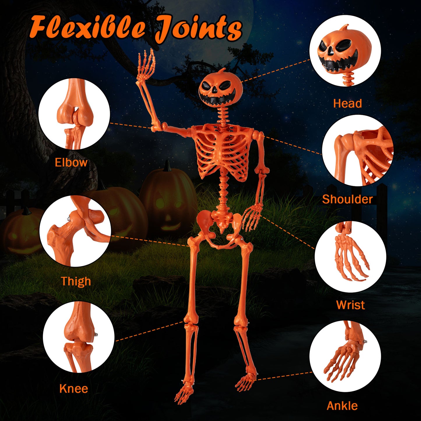Poseable 5.2Ft Life-Size Halloween Skeleton — Pumpkin Head Yard & Porch Prop