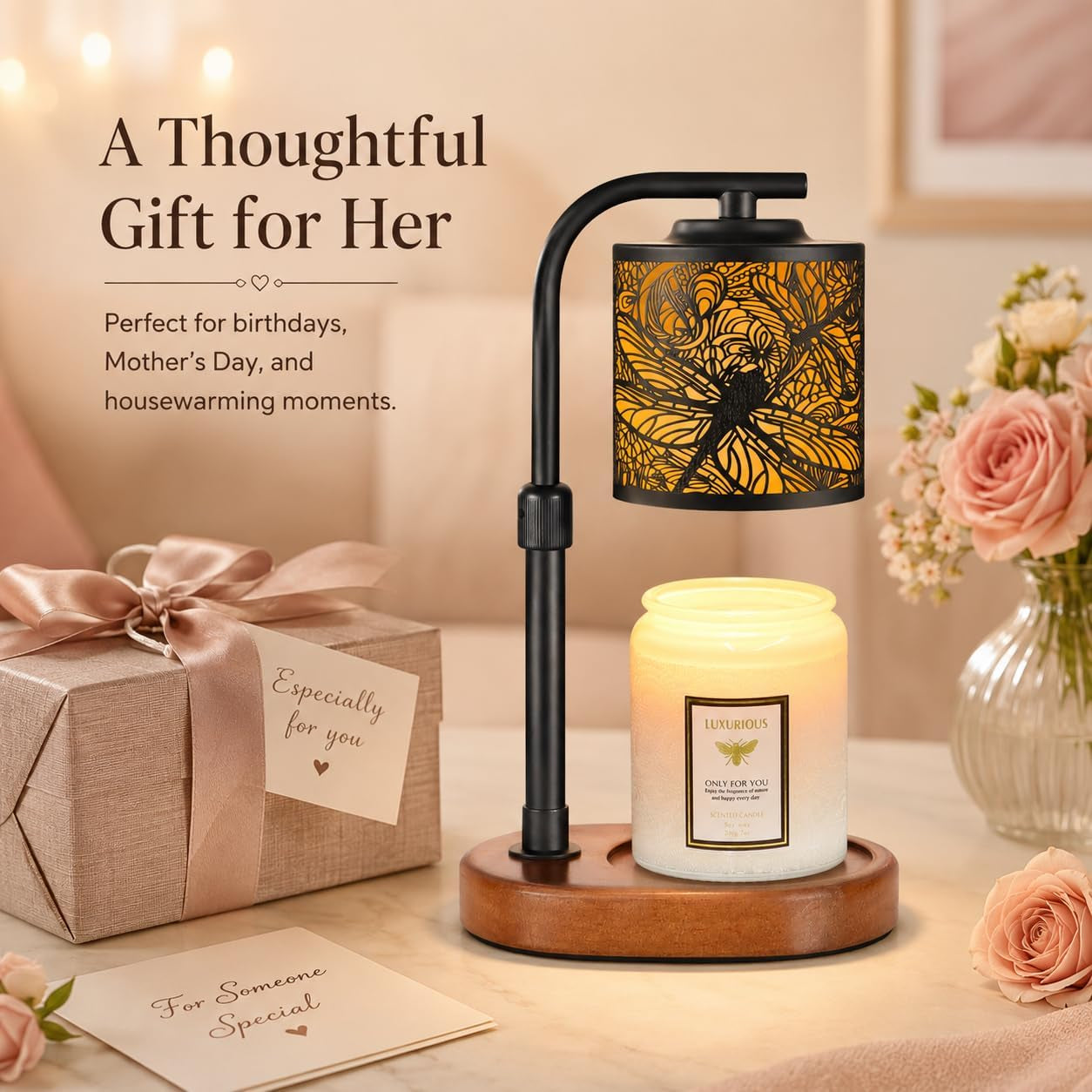 Gilded Dragonfly Candle Warmer Lamp with Timer — Artisan Wax Melt Warmer | Elegant Flameless Candle Light & Home Decor Gift
