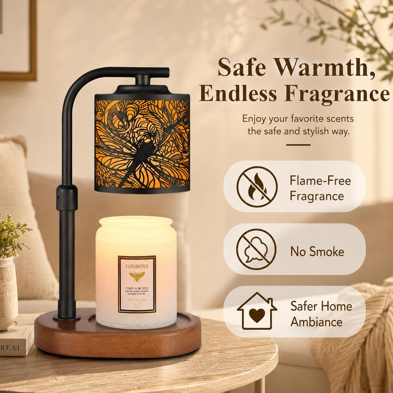 Gilded Dragonfly Candle Warmer Lamp with Timer — Artisan Wax Melt Warmer | Elegant Flameless Candle Light & Home Decor Gift