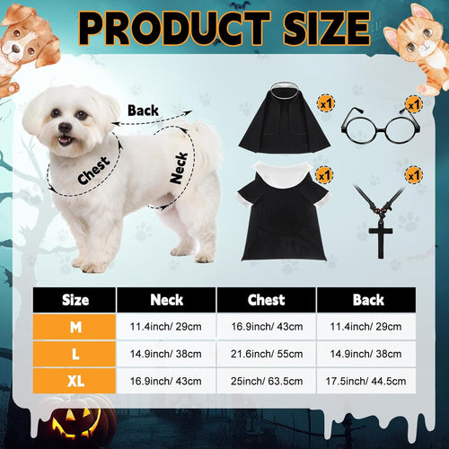 4 Pcs Dog Halloween Nun Costume Set Pet Nun Clothes with Lensless Glasses Cross Necklace Funny Cat Puppy Cosplay Party Outfits for Halloween Dogs Cats Dress up Holiday Uniform Cosplay(M)