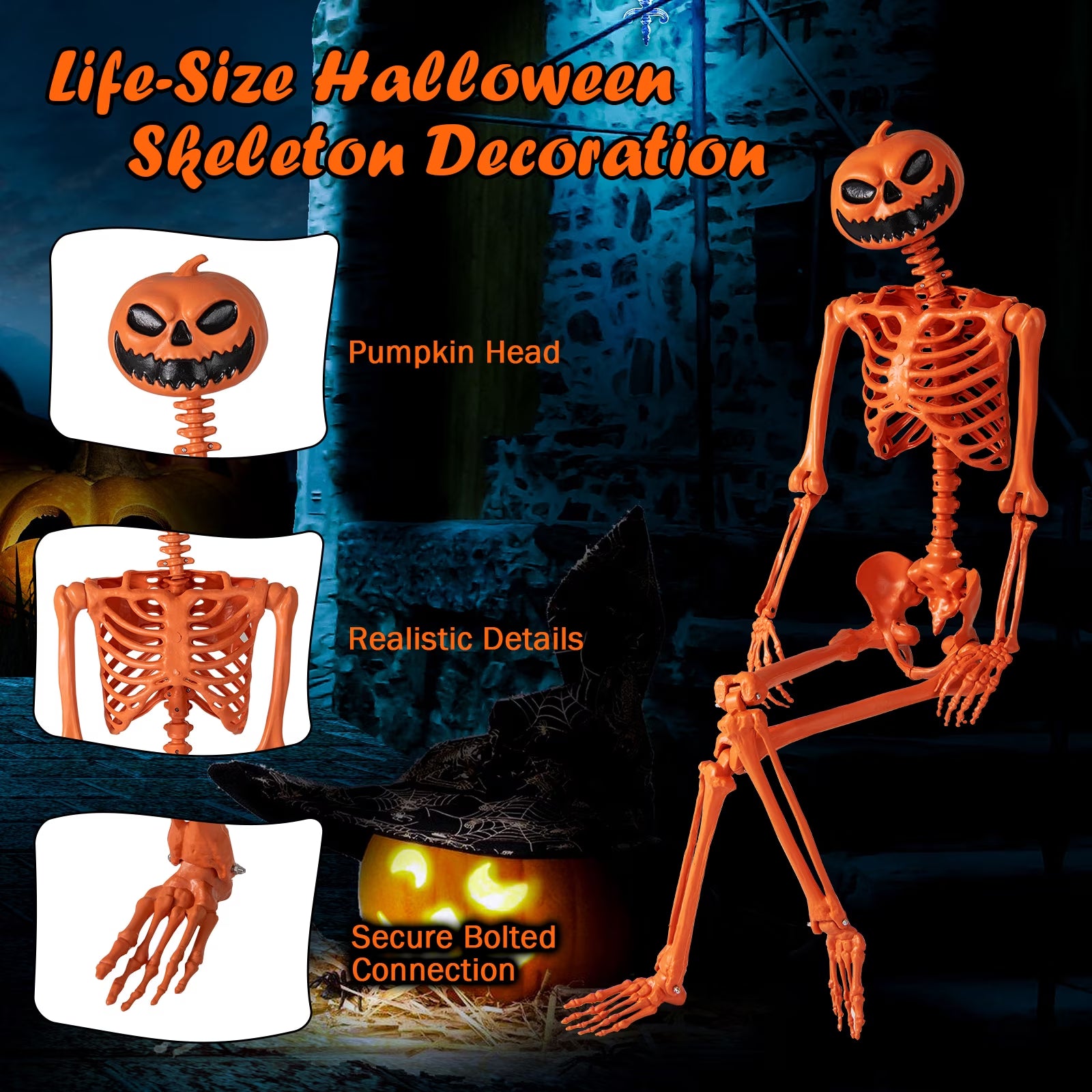 Poseable 5.2Ft Life-Size Halloween Skeleton — Pumpkin Head Yard & Porch Prop