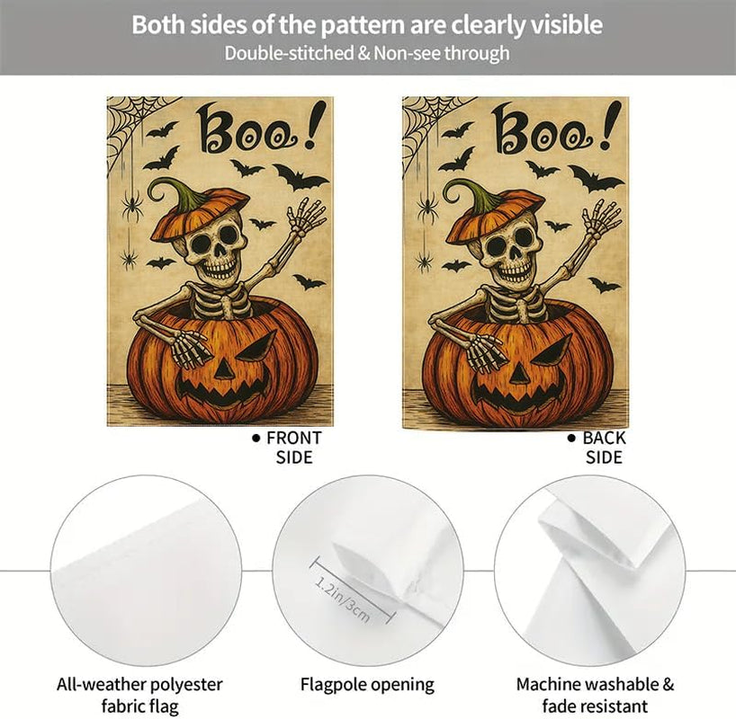 Boo Skeleton Pumpkin Garden Flag — Double-Sided Halloween Yard Décor 12X18