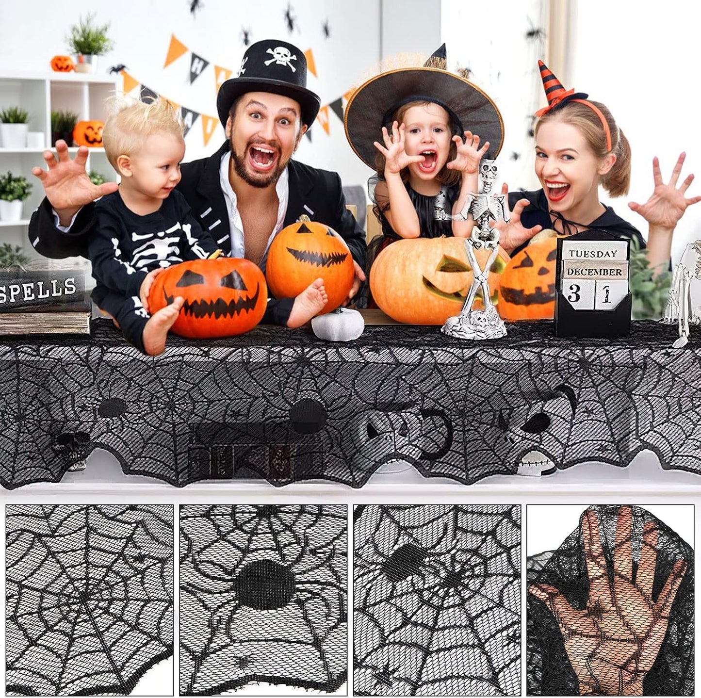 Halloween Table Runner — Black Lace Spider Web 18X72 Spooky Table Decor