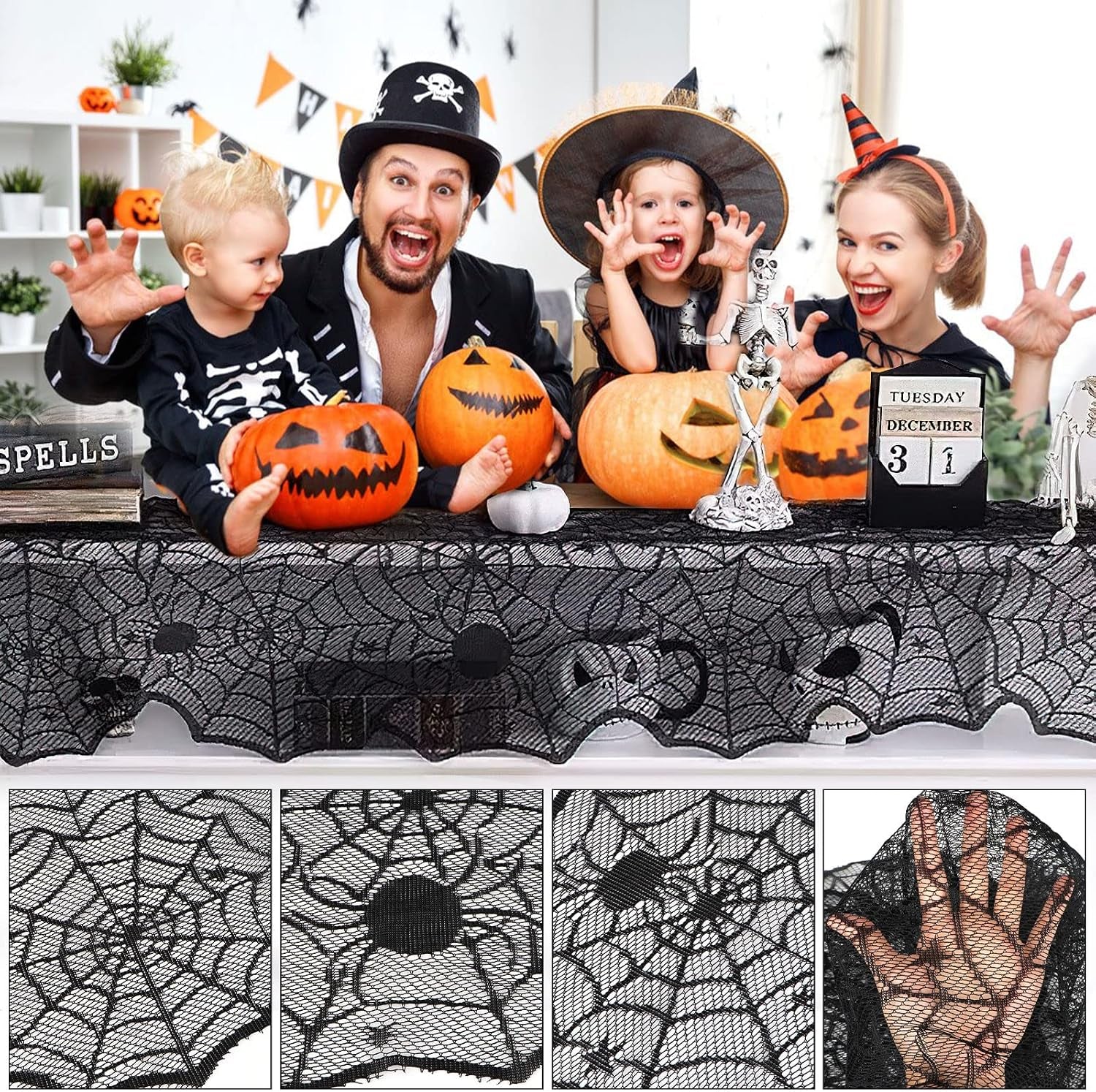 Halloween Table Runner — Black Lace Spider Web 18X72 Spooky Table Decor