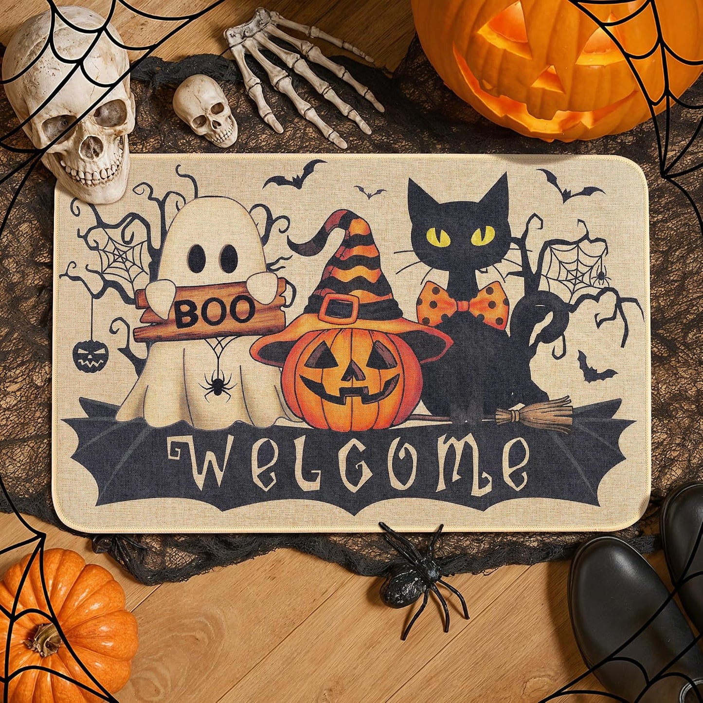 Halloween Doormat — Cute Ghost & Pumpkin Welcome Mat for Front Door Fall Decor