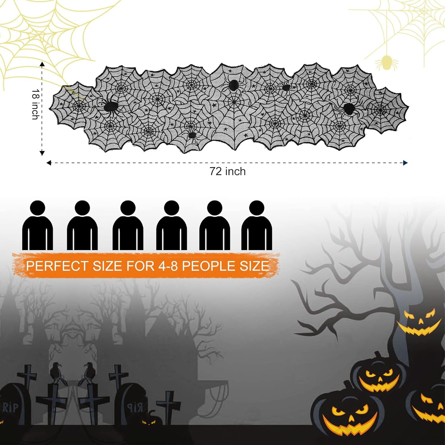 Halloween Table Runner — Black Lace Spider Web 18X72 Spooky Table Decor