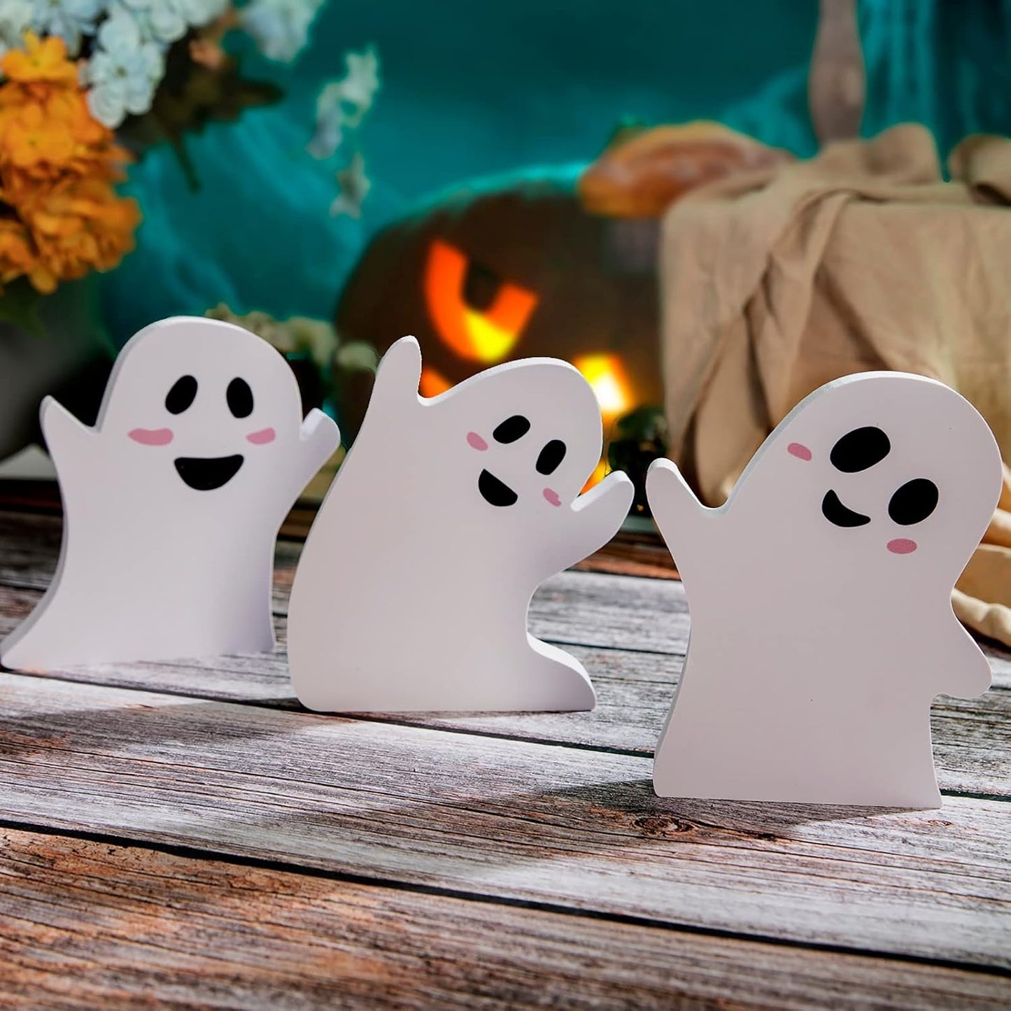 Halloween Tiered Tray Decor — Rustic Wooden Ghost Sign Set of 3 Tabletop Decorations