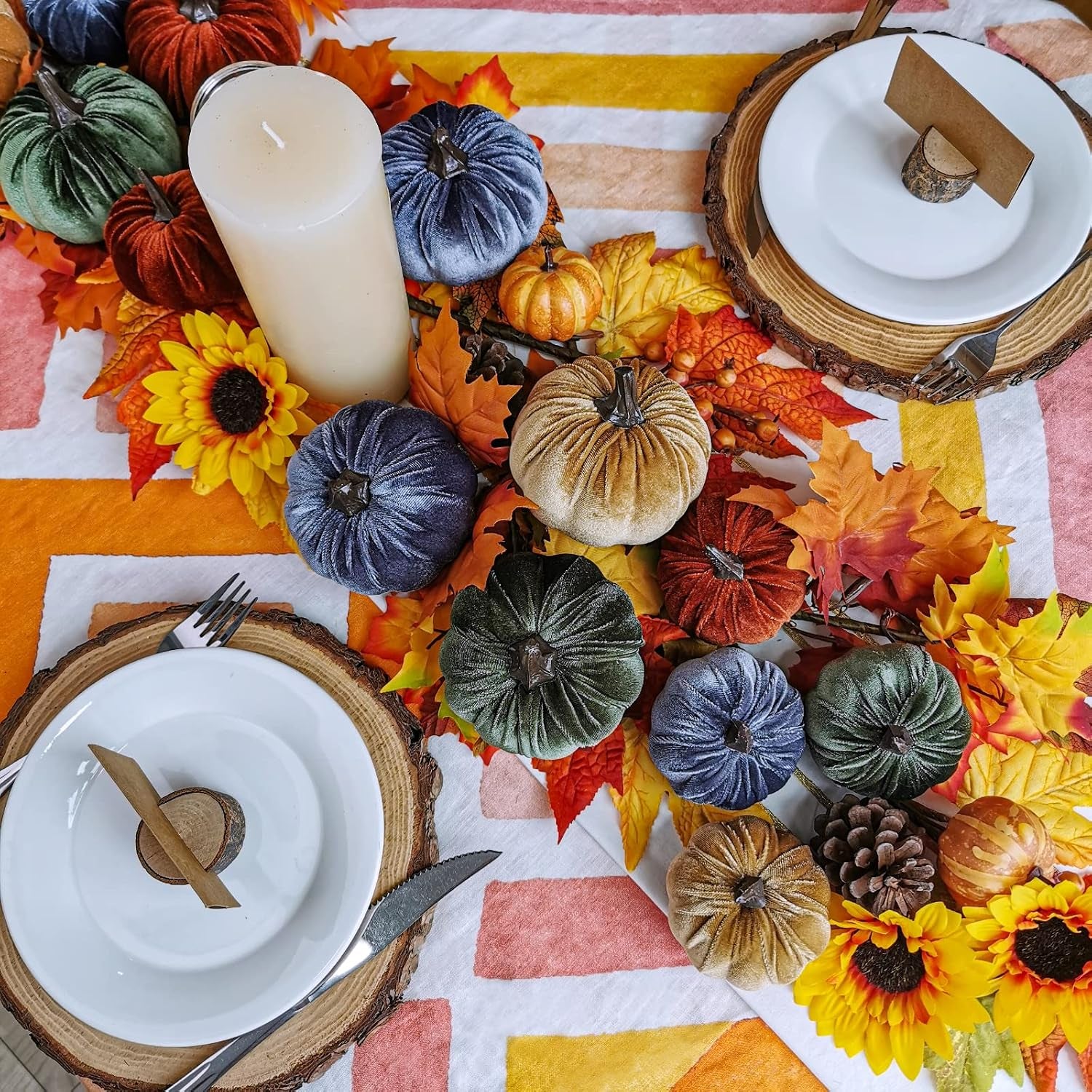 Faux Velvet Pumpkins — Set of 16 Fall Thanksgiving Table Centerpiece Decor