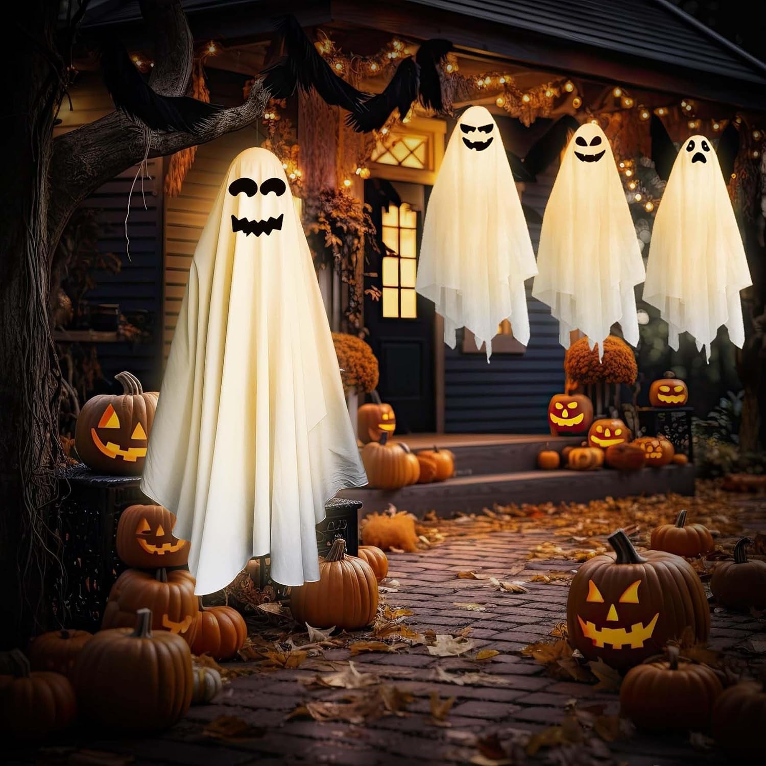 Light-Up Hanging Ghost Decorations — 4-Pack LED Spooky Ghosts for Halloween Indoor & Outdoor