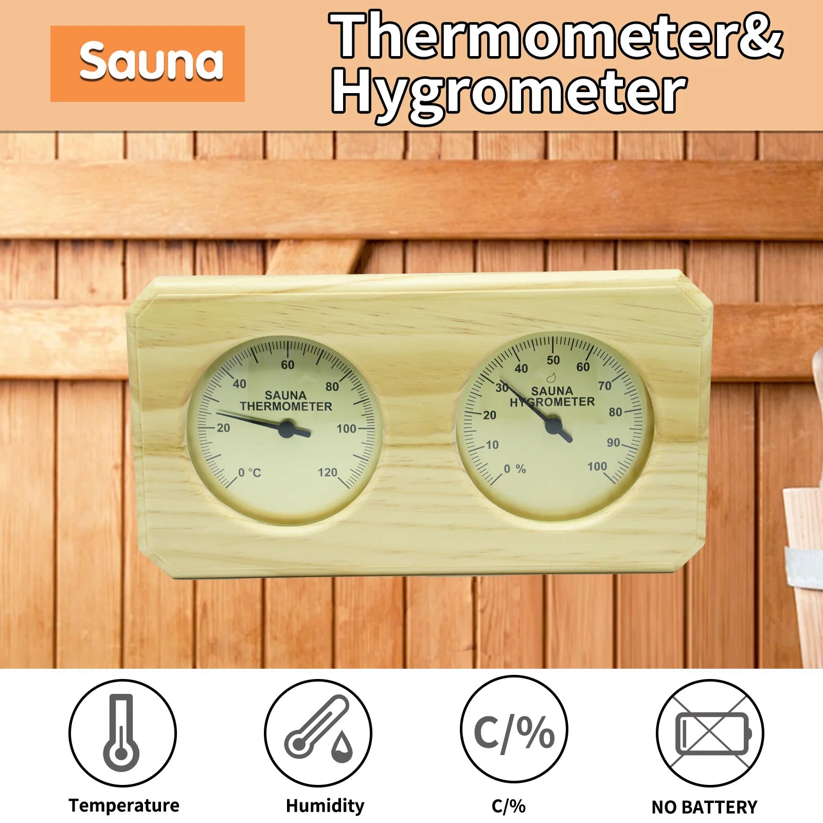 Wooden Sauna Thermometer & Hygrometer Dual Gauge