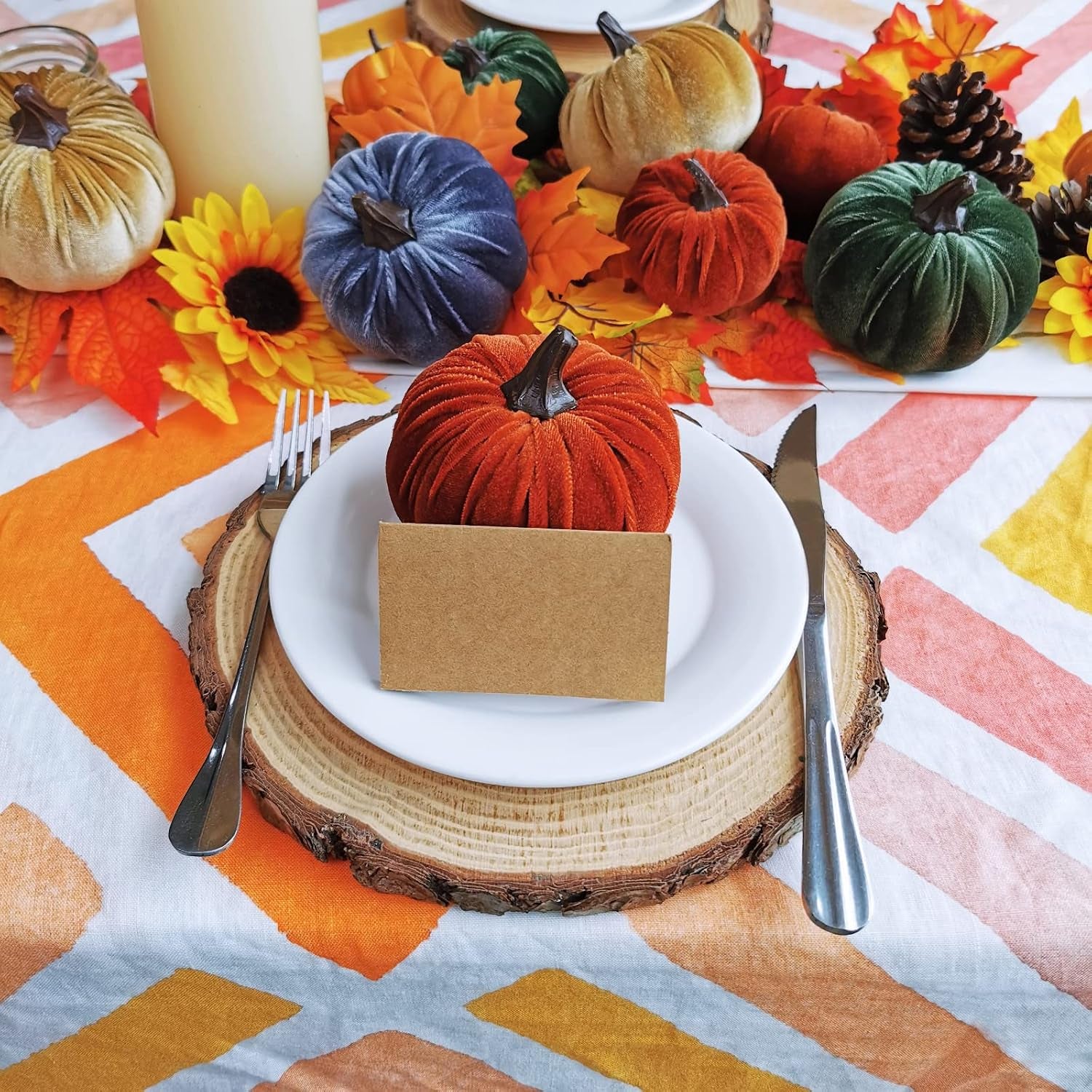 Faux Velvet Pumpkins — Set of 16 Fall Thanksgiving Table Centerpiece Decor